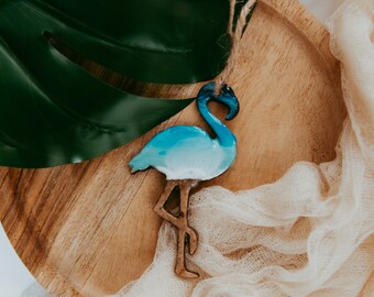 Flamingo Christmas Ornament, Resin Wood, Beach Sand, 4 Inch