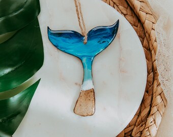 Whale Tail Christmas Ornament, Resin Wood, Beach Sand