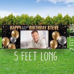 Extra LARGE Birthday Banner with picture - Gold and Silver Birthday Sign - Birthday Flag - Senior Birthday - Picture Banner Birthday Custom