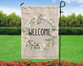Bandera de jardín con corona de bienvenida - Bandera de jardín de primavera - Decoración verde y tostada - Bandera de jardín para exteriores - Bandera de casa - Decoraciones verdes - Banner