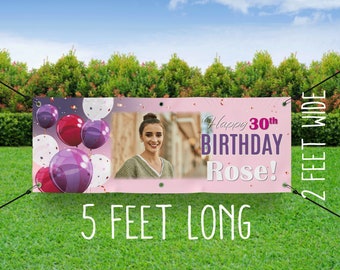 Extra LARGE Birthday Banner with picture - Teal Pink Purple Birthday Sign - Birthday Flag - Senior Birthday - Picture Banner Birthday Custom