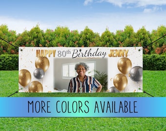 Extra LARGE Birthday Banner with picture - Gold and Silver Birthday Sign - Birthday Flag - Senior Birthday - Picture Banner Birthday Custom