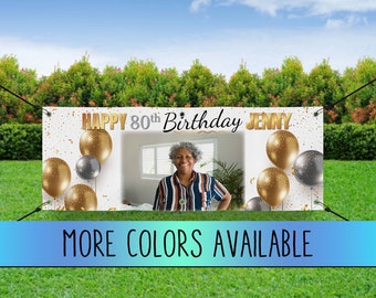 Extra LARGE Birthday Banner with picture - Gold and Silver Birthday Sign - Birthday Flag - Senior Birthday - Picture Banner Birthday Custom