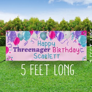 Threenager Birthday Banner - Pink Purple Teal Balloons - 3 year old - Birthday Flag - Happy Birthday Banner - Outdoor Birthday Sign Custom