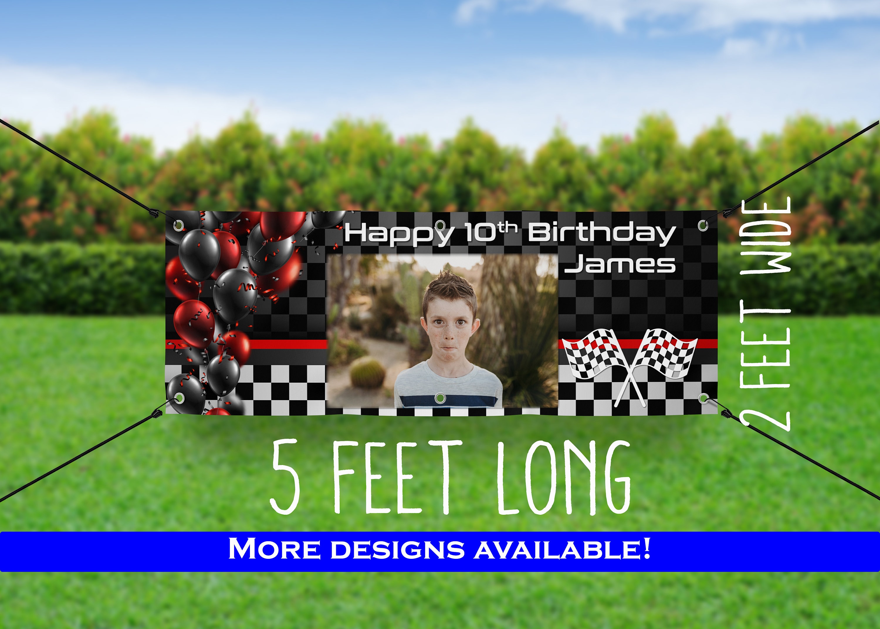 Extra LARGE Birthday Banner with picture - Racing Birthday Party - Checkered Decor - Racing Flags - Picture Banner Birthday Custom