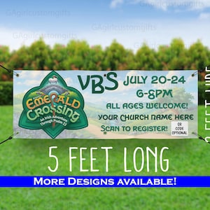 May include: A rectangular vinyl banner measuring 5 feet long by 2 feet wide, featuring a green logo with the text Emerald Crossing An Irish Adventure Through Psalm 23, VBS July 20-24 6-8PM, All Ages Welcome, Your Church Name Here, and Scan To Register.