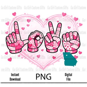 Könnte beinhalten: Digitalgrafik mit dem Wort "LOVE", das durch Handgesten in Rosa mit Herzmuster gebildet wird, vor einem rosa Herzumriss und verstreuten Herzen. Enthält eine türkisfarbene Umrisslinie von Georgia.