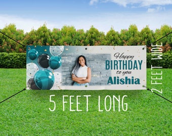 Extra LARGE Birthday Banner with picture - Blue white black Birthday Sign - Birthday Flag - Senior Birthday - Picture Banner Birthday Custom