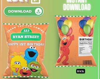 Sesame Street-Elmo Party Customizable Chip Bag INSTANT DOWNLOAD