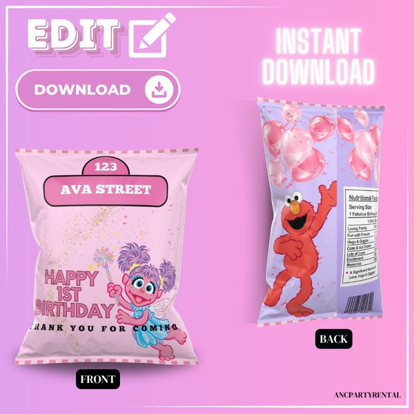 Elmo Abby Cadabby Party Chip Bag INSTANT DOWNLOAD