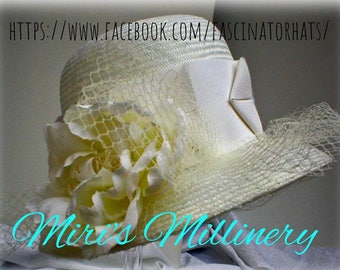 White Straw Cloche with wide petersham ribbon and silk flower