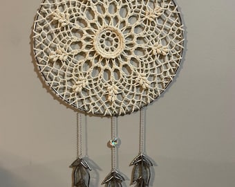 Crochet Mandala — 10” — Antique White  — Textured — Gift  Idea — Handmade — Stained Glass Feathers