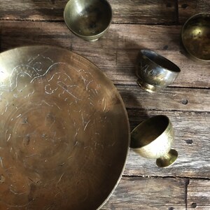 Antique Hand- Hammered Brass Bowl and Cup Set // Vintage Chinese Brass // Vintage Tea Set
