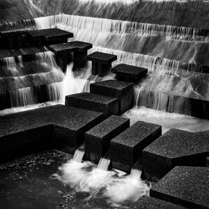 Fort Worth Water Gardens, Texas, waterfall, black and white waterfall, waterfall art, black and white waterfall photo, black and white print