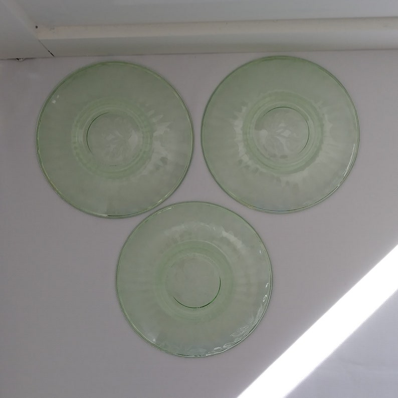Vintage Hazel Atlas Fruits Saucers 1930/'s 3 Green Depression Glass Saucers