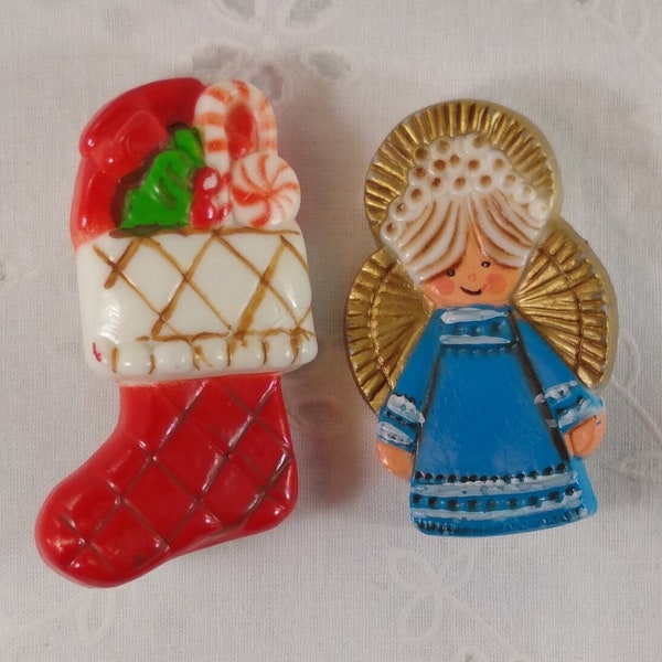 2 Vintage Christmas Brooches - Plastic Angel Pin & Stocking Pin