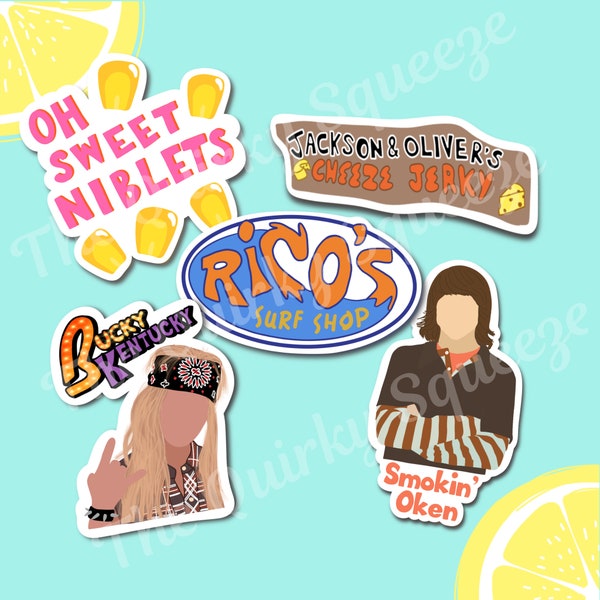 Hannah Waterproof Vinyl Stickers| Rico’s Surf Shop Sticker| Bucky Kentucky Sticker| Sweet Niblets Sticker| Cheese Jerky Sticker