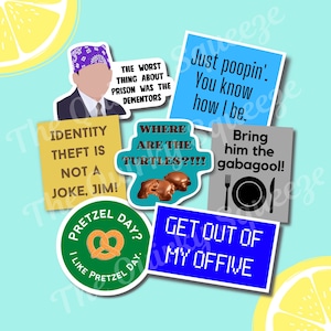 Office TV Show Inspired Waterproof Vinyl Stickers, Michael Scott, Jim and Pam, Pretzel Day, Dwight Stickers, Prison Mike
