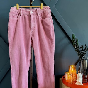May include: Pink corduroy pants hanging on a wooden hanger against a dark blue wall. The pants have a straight leg and a high waist.