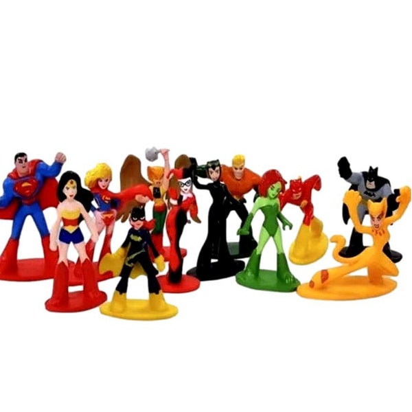 DC Super Friends  Birthday Cake Toppers 12 New Rubber Toy Figures Party Favor Cupcake Toppers