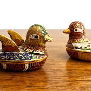 Vintage Brass Enamel Cloisonne Duck Trinket Boxes Pair