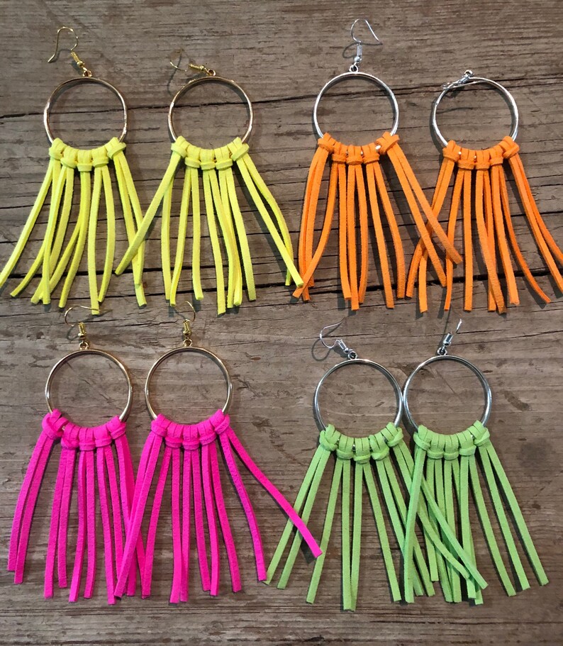 Neon Leather Fringe Earrings/ Boho Long Earrings/Choice of Etsy