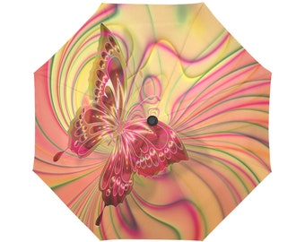 Peachy Butterfly Swirl Automatic Foldable Umbrella