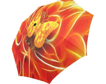 Anti-UV Automatic Foldable Eclectic Orange Butterfly Swirl Umbrella