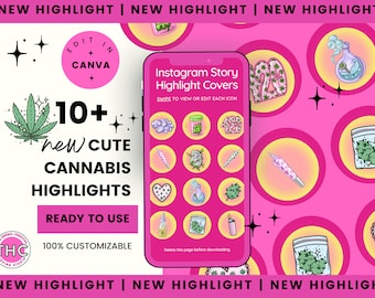 Stoner Girl Story Highlights 420-Themed, Editable Canva Icons, Pink Cute Cannabis Cover Set - 12 Unique Designs - set 1