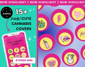Couvertures de faits saillants de l'histoire de Stoner Girl - lot de 2 - thèmes de cannabis rose mignon pour Instagram et blog, téléchargement numérique