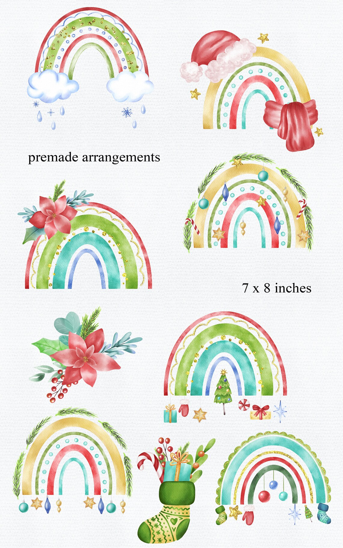 Christmas Rainbow Watercolor Clipart Gold Glitter Xmas PNG | Etsy
