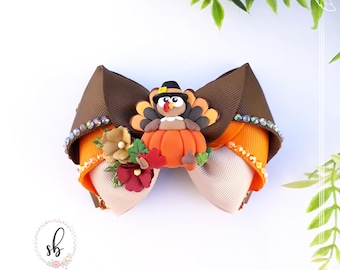 Turkey Ribbon Hair Bow, Thanksgiving Handmade Hairclip With Clay Doll