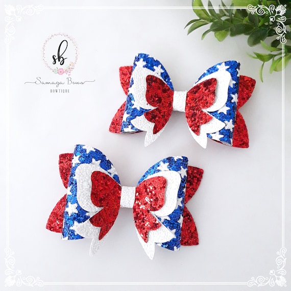 4th of July Piggy Hair Bows, Glitter Patriotic Pigtail Bows