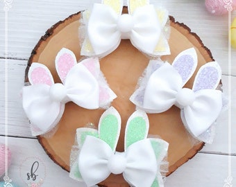 White Easter Bunny Ears Hair Bow, Easter Hairbow for Girls, Bunny Hair Clip, Easter Bunny Ribbon Bow, Handmade Easter Hairbow, White Hairbow