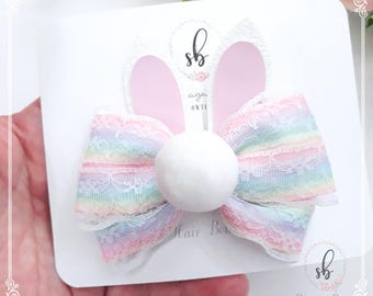 Easter Bunny Hair Bow, Pastel Rainbow Lace, Bunny Ears Clip for Girls