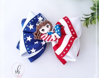 Patriotic Hair Bow, Red White Blue Ribbon Hairbow