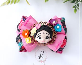 Mexican Hair Bow, Mexico Ribbon Bow, Cinco de Mayo Bow with Clay Doll, Pink Hispanic Hairbow