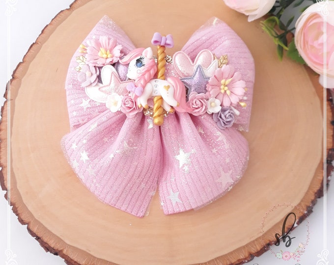 Pink Carousel Bow, Carousel Horse Clay Bow, Horse Bow, Pink Corduroy