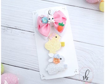 Easter Bunny Chick Hair Clip Set, Toddler Girl Glitter Bow Accessories