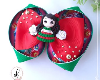 Mexican Hair Bow: Cinco de Mayo Party, Floral Ribbon & Clay Doll Hairbow