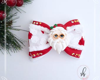 Red Santa Claus Ribbon Bow, Christmas Hair Bow With Clay Doll
