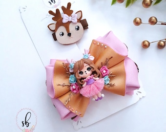 Pink Christmas Hair Bow Set, Reindeer Ribbon Hairbow, Pink Christmas Bow, Reindeer Hairclip, Christmas Hair Accessory, Christmas Bow, Bow