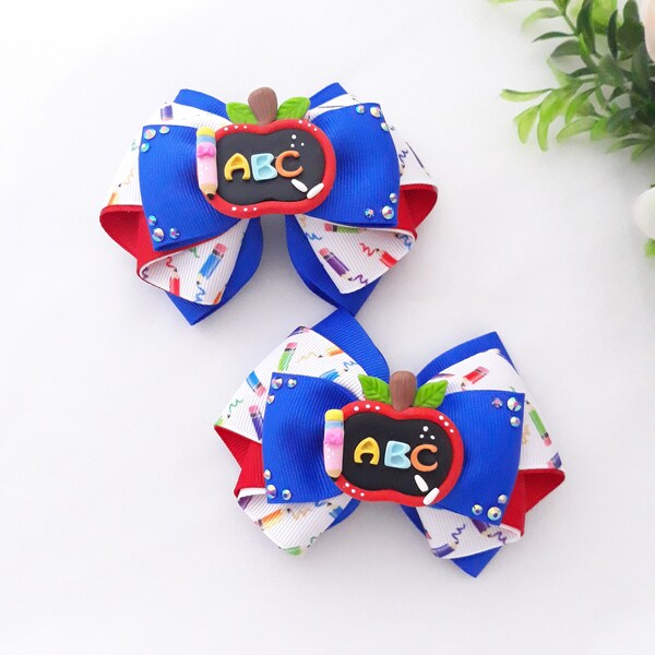 ABC hair bows, School hair bows, Back to school bows, School hair accessories, Toddler hair bows, Hair bows for girls, Royal blue hair bows,