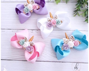 Unicorn Hair Bow, Unicorn Birthday Bow, Unicorn Bow for Girls, Unicorn Hair Accessory, Handmade Ribbon Hairbow, Boutique Style Bow, Hair Bow