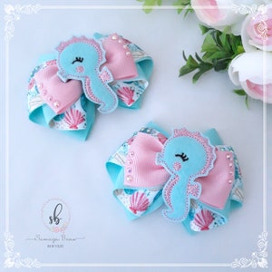 Seahorse pigtail set, Seahorse hair clips, Pigtail bow set, Ribbon piggy bows, Toddler girl piggies, Hair bows for girls, Piggies, Hair bows