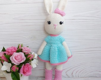 Crochet bunny doll. Amigurumi rabbit. Amigurumi soft toy. Stuffed animal. Baby girl gift