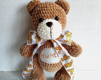 Personalized Crochet Teddy Bear, Custom Name Stuffed Animal, Handmade Plush Toy