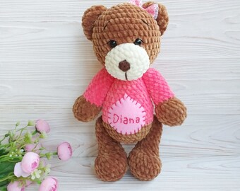 Personalized Crochet Teddy Bear, Handmade Stuffed Animal (11 inch)