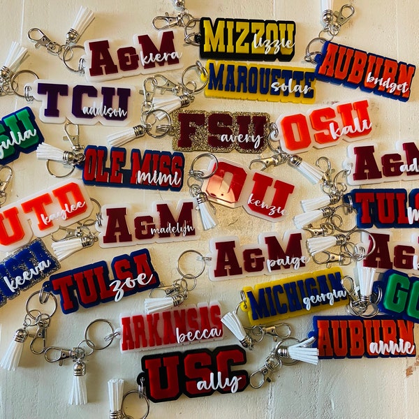 Personalized College Name Tag, College Keychain, High School Keychain, Teacher Gift, Grads, Teacher, University, Graduation, Dorm Keys...