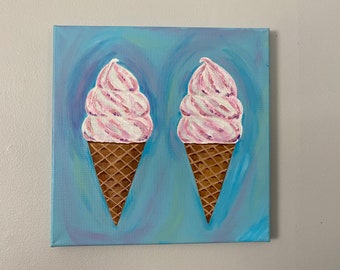 Ice Cream Cone Painting - Dessert Art - Acrylic on 12” x 12” Stretched Canvas